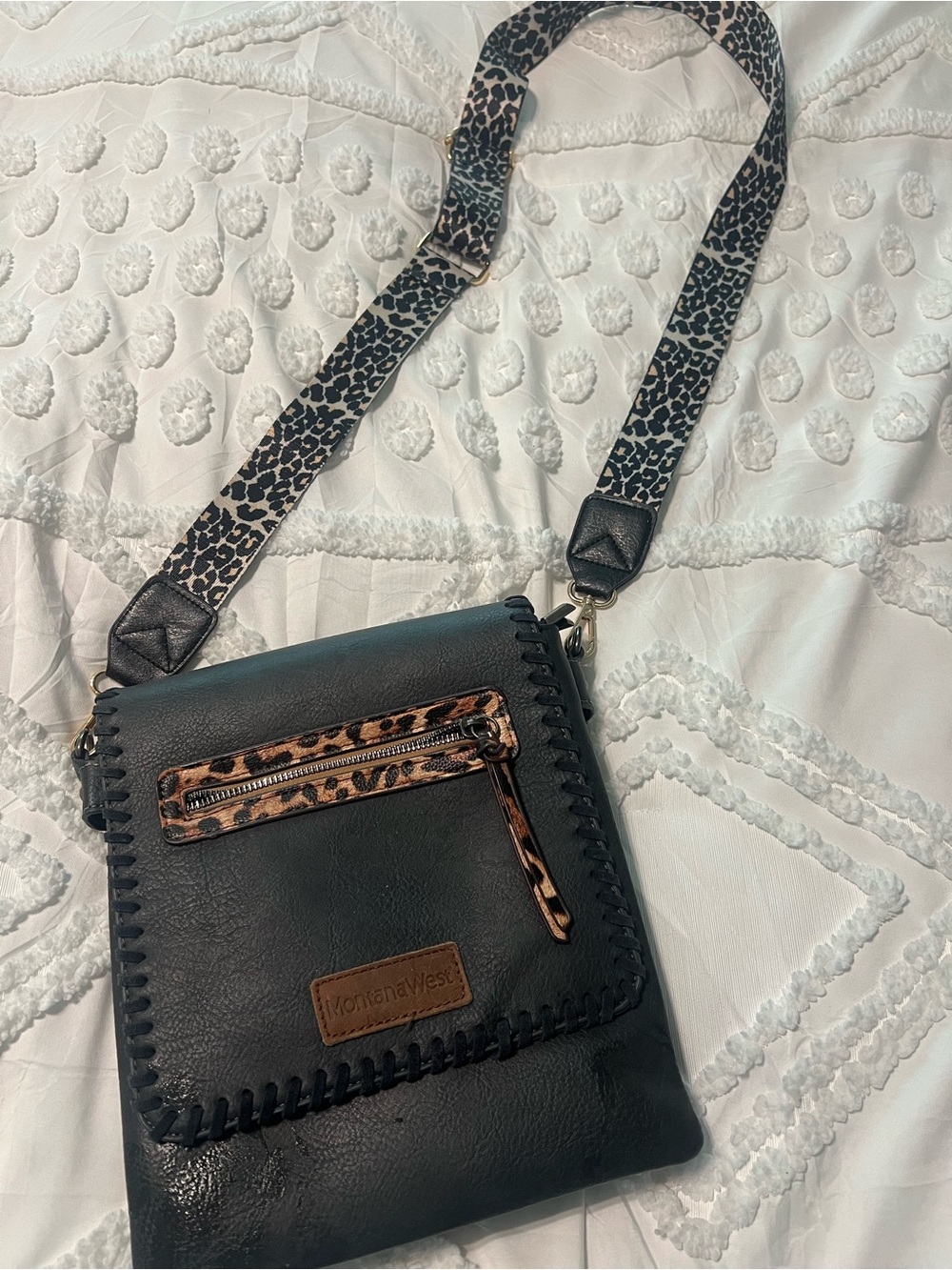 Black Crossbody Bag with Leopard Accent